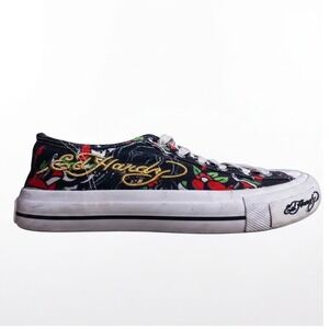 Y2K Ed Hardy Mens Tattoo Flash Graphic Print Canvas Low-Top Sneakers Black Sz 9